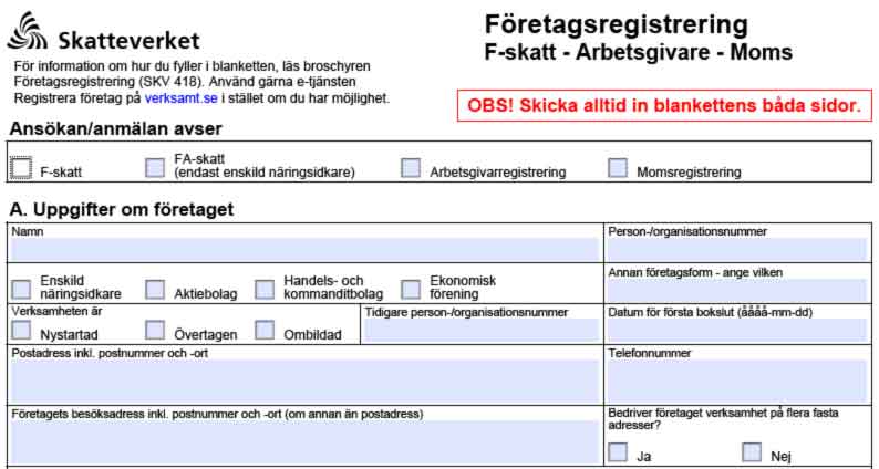 Skatte- och avgiftsanmälan, f-skatt, för dig som ska starta eget